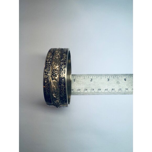 Vintage Topazio Mexico Sterling Silver Black Enamel Hinged Wide Cuff Bracelet - Picture 9 of 12